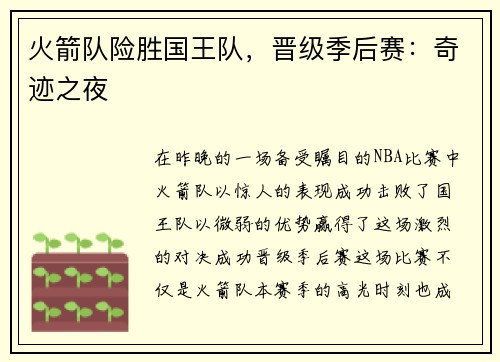 火箭队险胜国王队，晋级季后赛：奇迹之夜