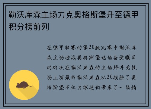 勒沃库森主场力克奥格斯堡升至德甲积分榜前列