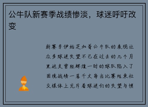 公牛队新赛季战绩惨淡，球迷呼吁改变