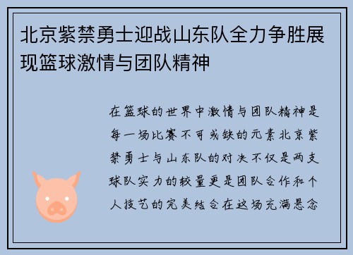 北京紫禁勇士迎战山东队全力争胜展现篮球激情与团队精神