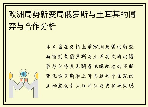 欧洲局势新变局俄罗斯与土耳其的博弈与合作分析
