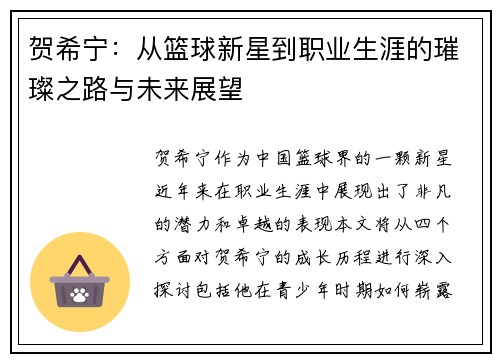 贺希宁：从篮球新星到职业生涯的璀璨之路与未来展望