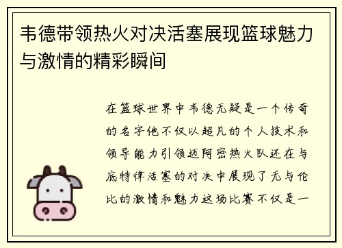 韦德带领热火对决活塞展现篮球魅力与激情的精彩瞬间